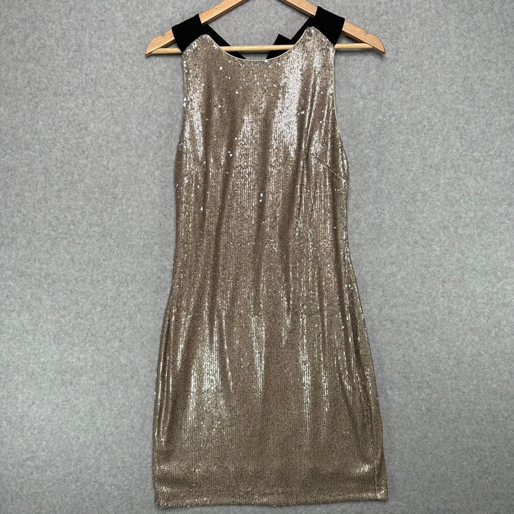 Belle Badgley Mischka Bow Sequin Low‎ Back Dress Champagne Gold Black Size 8 NEW